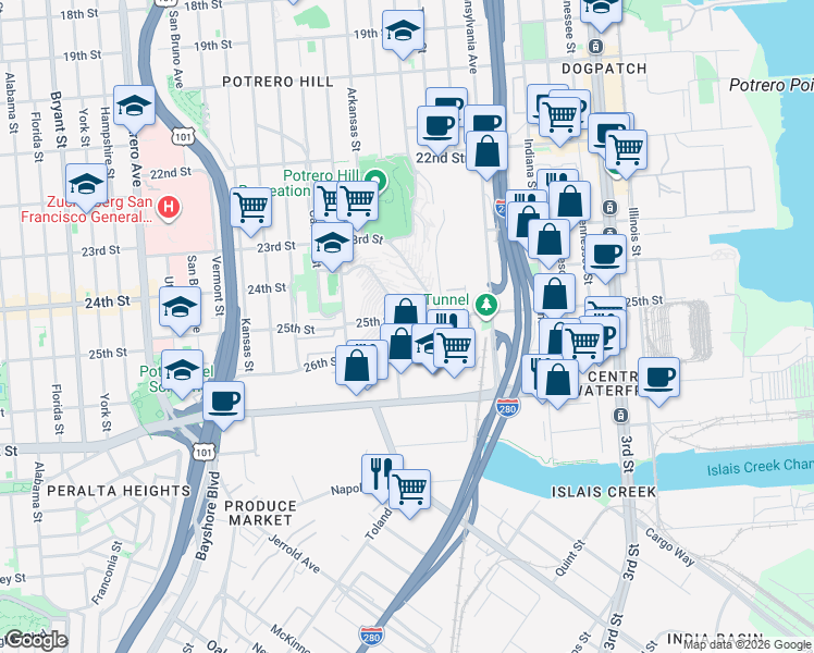 map of restaurants, bars, coffee shops, grocery stores, and more near 1101 Connecticut Street in San Francisco