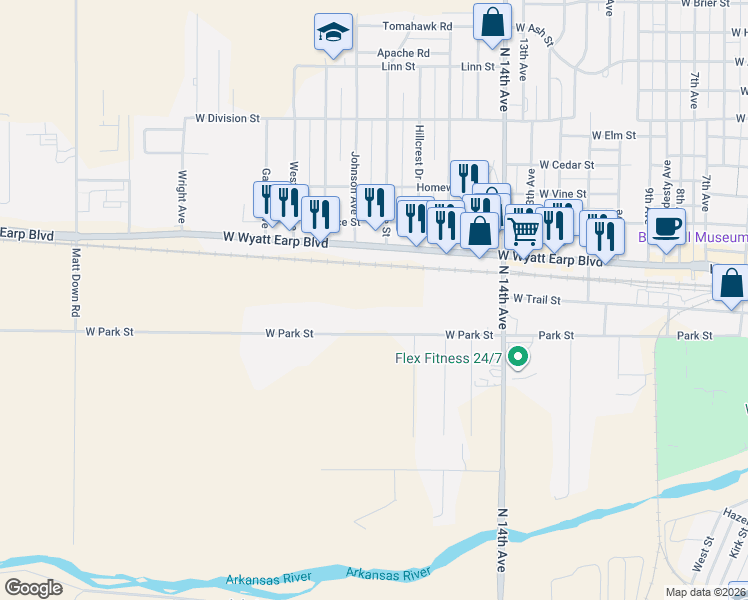 map of restaurants, bars, coffee shops, grocery stores, and more near 1802 West Park Street in Dodge City