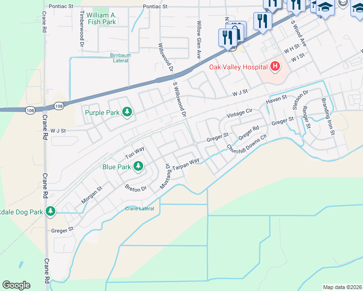 map of restaurants, bars, coffee shops, grocery stores, and more near 567 Big Sky Drive in Oakdale