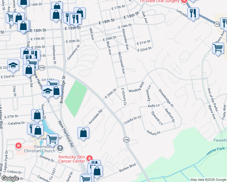 map of restaurants, bars, coffee shops, grocery stores, and more near East 26th Street in Owensboro