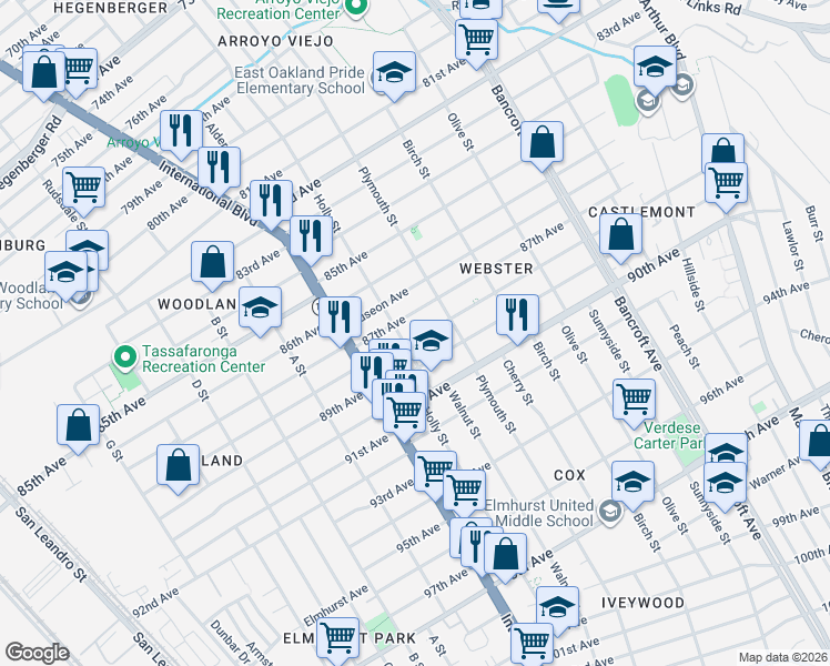 map of restaurants, bars, coffee shops, grocery stores, and more near 1519 88th Avenue in Oakland