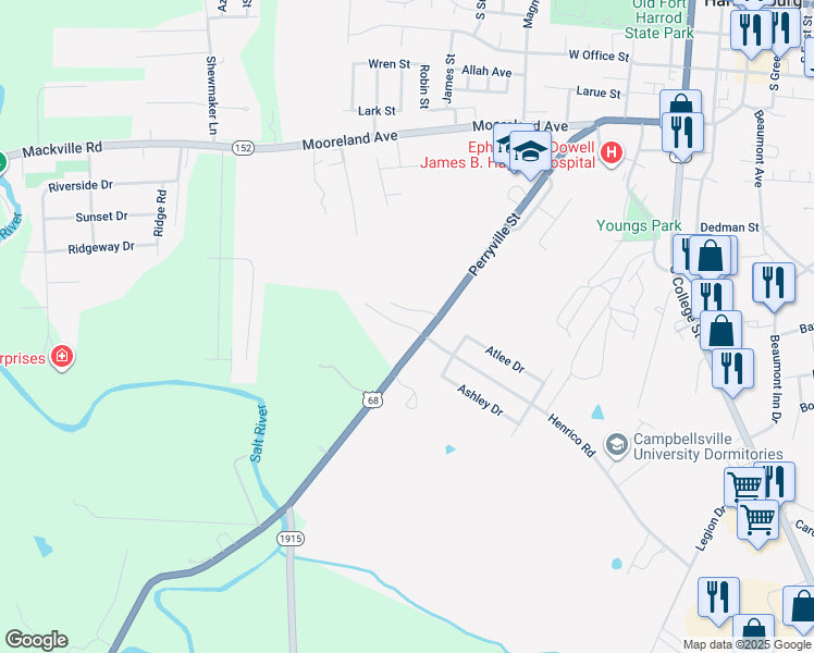 map of restaurants, bars, coffee shops, grocery stores, and more near 100 Prosperous Way in Harrodsburg