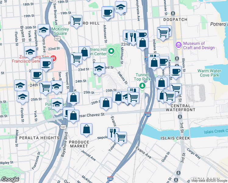 map of restaurants, bars, coffee shops, grocery stores, and more near 1829 25th Street in San Francisco
