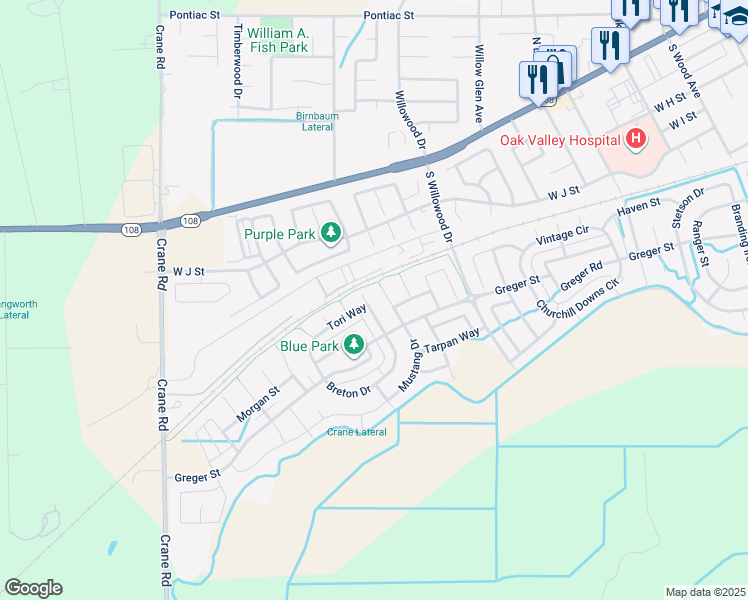 map of restaurants, bars, coffee shops, grocery stores, and more near 525 Fresian Drive in Oakdale