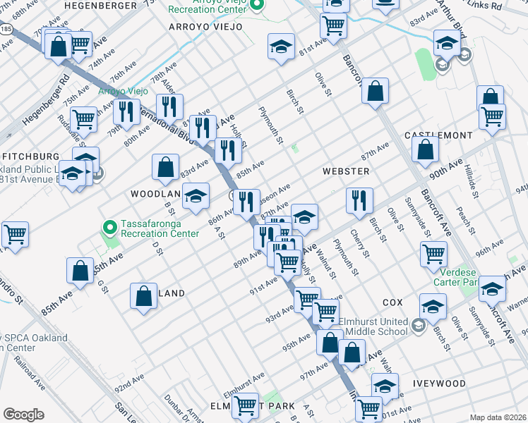 map of restaurants, bars, coffee shops, grocery stores, and more near 1433 87th Avenue in Oakland