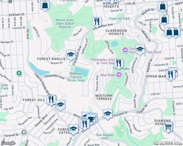 map of restaurants, bars, coffee shops, grocery stores, and more near 333 Dellbrook Avenue in San Francisco