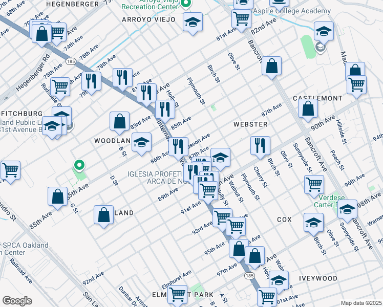 map of restaurants, bars, coffee shops, grocery stores, and more near 1433 87th Avenue in Oakland