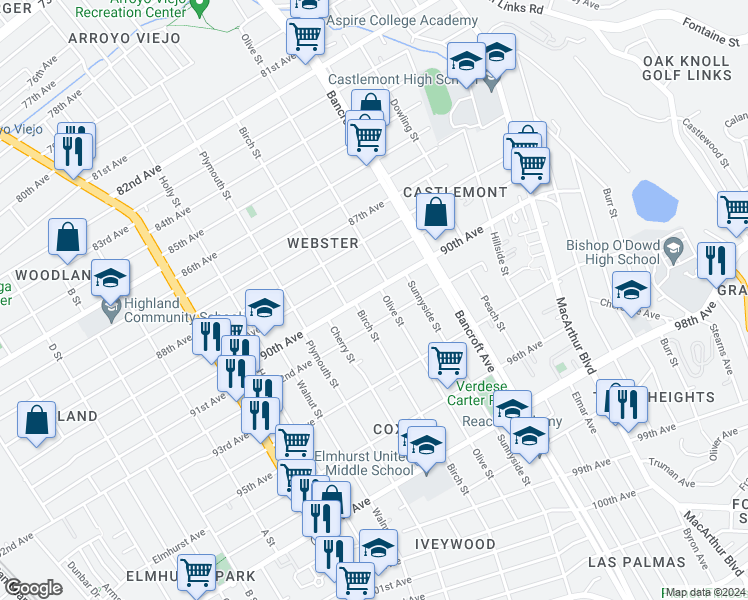 map of restaurants, bars, coffee shops, grocery stores, and more near 1926 90th Avenue in Oakland