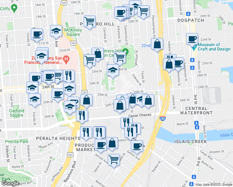 map of restaurants, bars, coffee shops, grocery stores, and more near 25th St & Wisconsin St in San Francisco