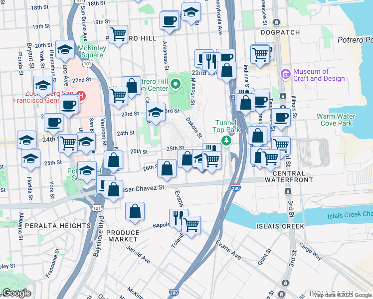 map of restaurants, bars, coffee shops, grocery stores, and more near 1829 25th Street in San Francisco