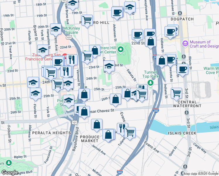 map of restaurants, bars, coffee shops, grocery stores, and more near 1204 Wisconsin Street in San Francisco