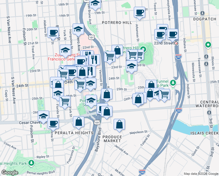 map of restaurants, bars, coffee shops, grocery stores, and more near in San Francisco