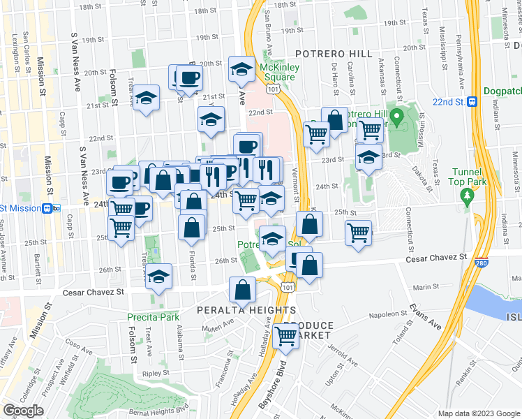map of restaurants, bars, coffee shops, grocery stores, and more near 1281 Potrero Avenue in San Francisco