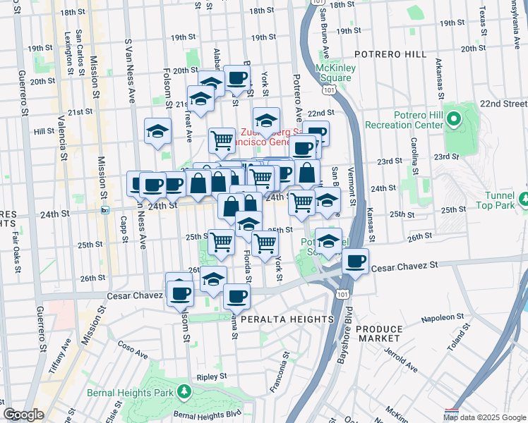map of restaurants, bars, coffee shops, grocery stores, and more near 2647 Bryant Street in San Francisco