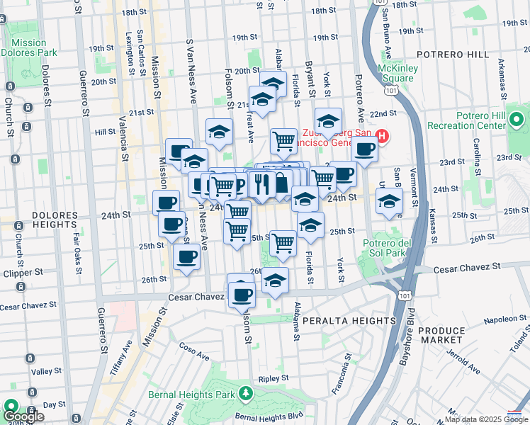 map of restaurants, bars, coffee shops, grocery stores, and more near in San Francisco