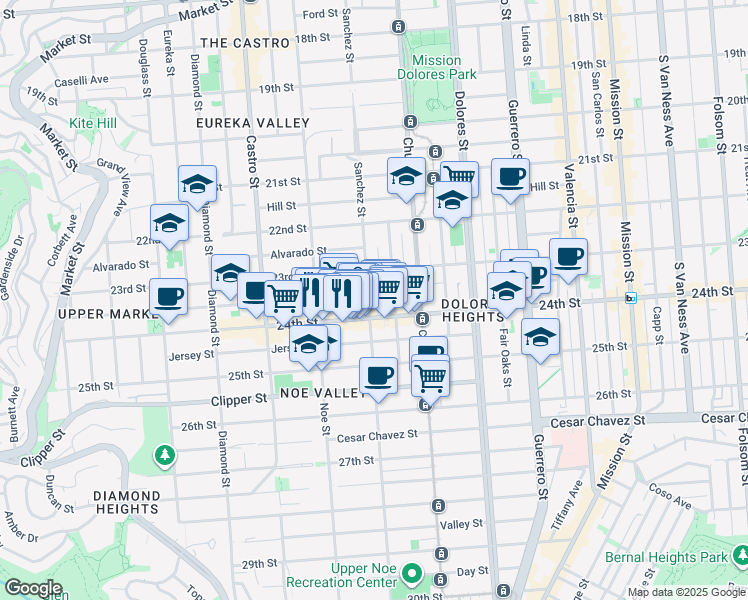 map of restaurants, bars, coffee shops, grocery stores, and more near 1070 Sanchez Street in San Francisco