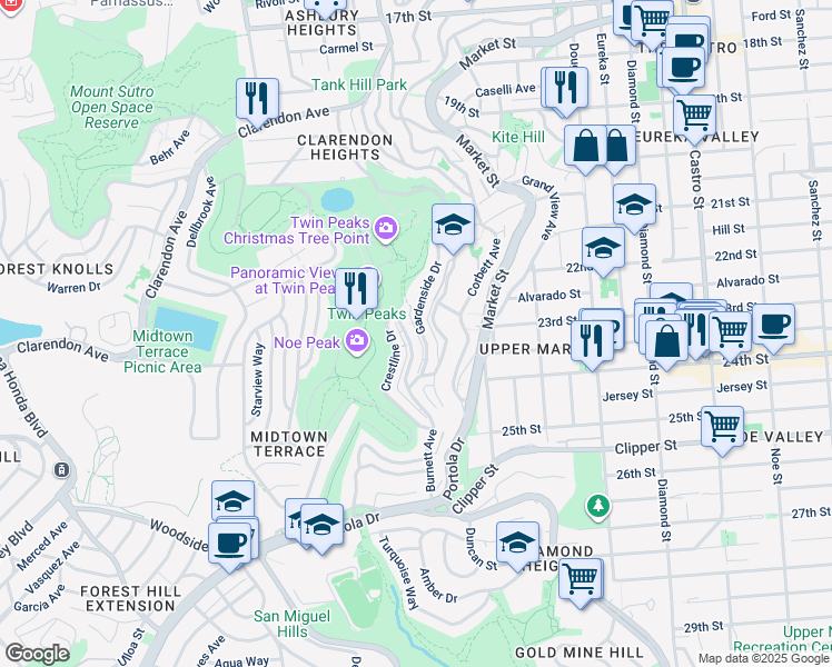 map of restaurants, bars, coffee shops, grocery stores, and more near 36 Gardenside Drive in San Francisco