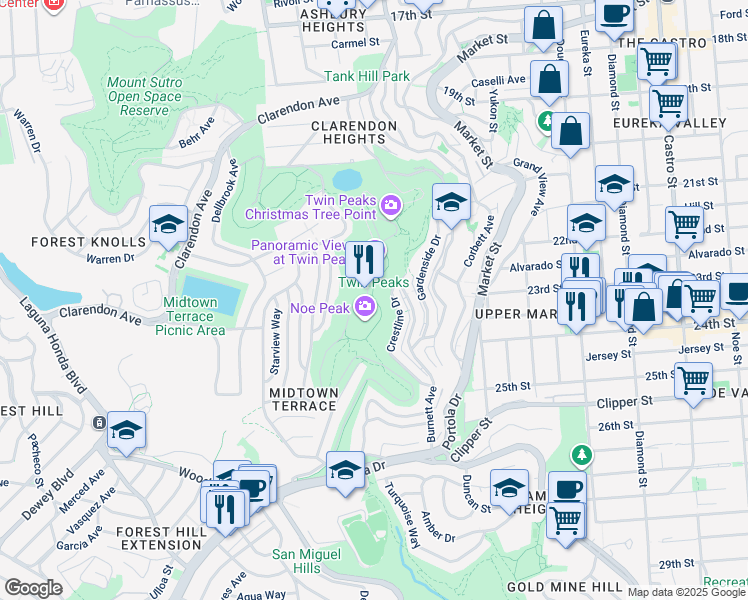 map of restaurants, bars, coffee shops, grocery stores, and more near 501 Twin Peaks Boulevard in San Francisco