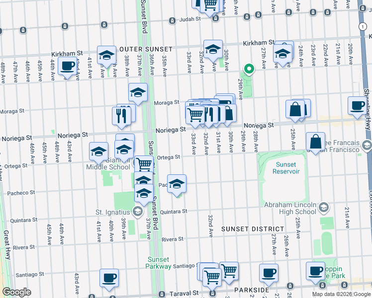 map of restaurants, bars, coffee shops, grocery stores, and more near 1887 33rd Avenue in San Francisco