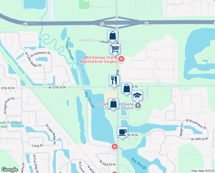 map of restaurants, bars, coffee shops, grocery stores, and more near 7396-7474 West 37th Street North in Wichita