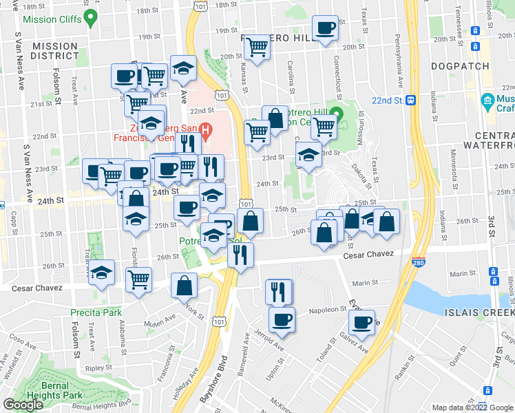 map of restaurants, bars, coffee shops, grocery stores, and more near in San Francisco