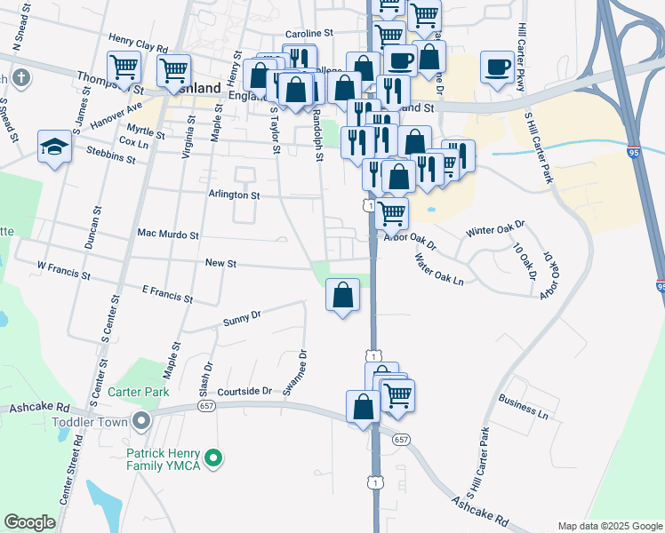 map of restaurants, bars, coffee shops, grocery stores, and more near 500 Pleasant Street in Ashland