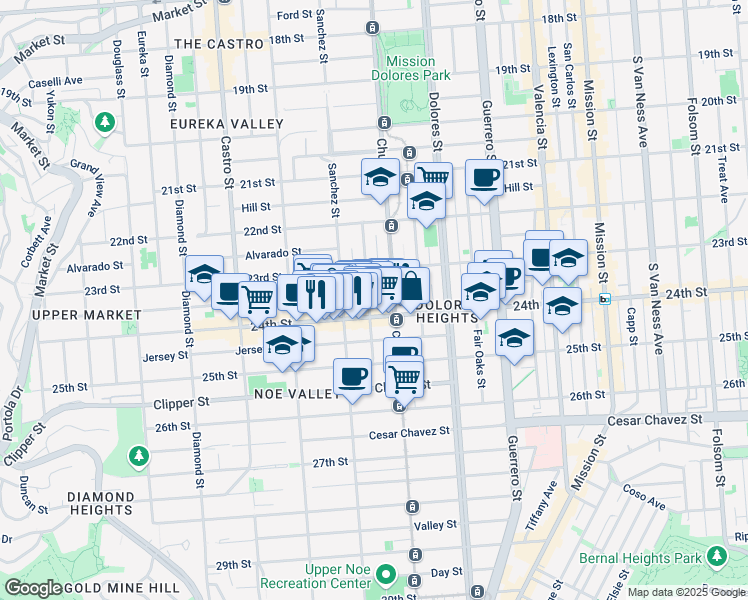 map of restaurants, bars, coffee shops, grocery stores, and more near 3812 24th Street in San Francisco