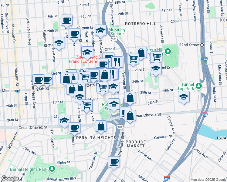 map of restaurants, bars, coffee shops, grocery stores, and more near in San Francisco