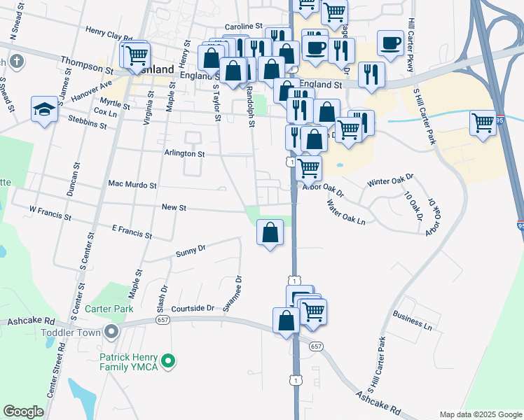 map of restaurants, bars, coffee shops, grocery stores, and more near 500 Pleasant Street in Ashland
