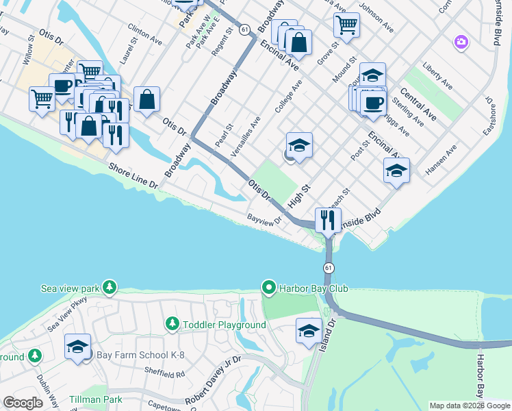 map of restaurants, bars, coffee shops, grocery stores, and more near 310 Court Street in Alameda