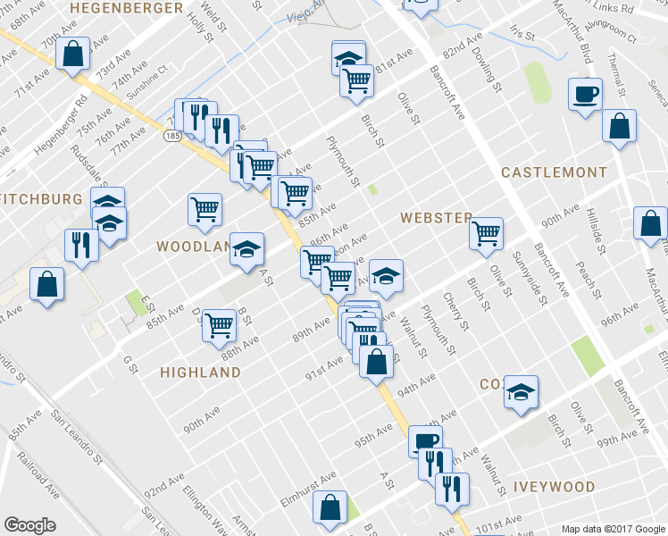 map of restaurants, bars, coffee shops, grocery stores, and more near 1433 87th Avenue in Oakland