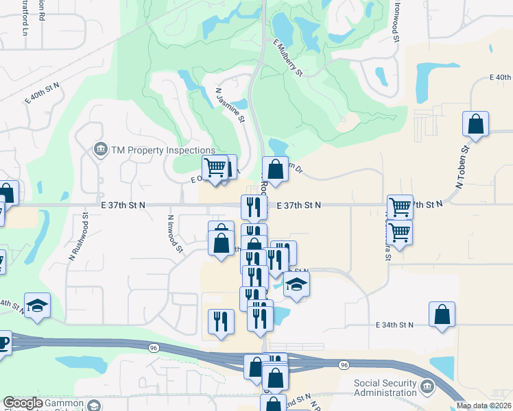 map of restaurants, bars, coffee shops, grocery stores, and more near East 37th Street North in Wichita