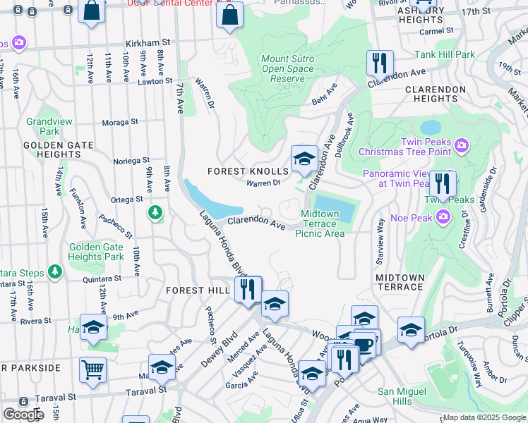 map of restaurants, bars, coffee shops, grocery stores, and more near 678 Clarendon Avenue in San Francisco