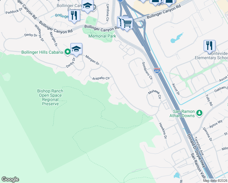 map of restaurants, bars, coffee shops, grocery stores, and more near 32 Cree Court in San Ramon