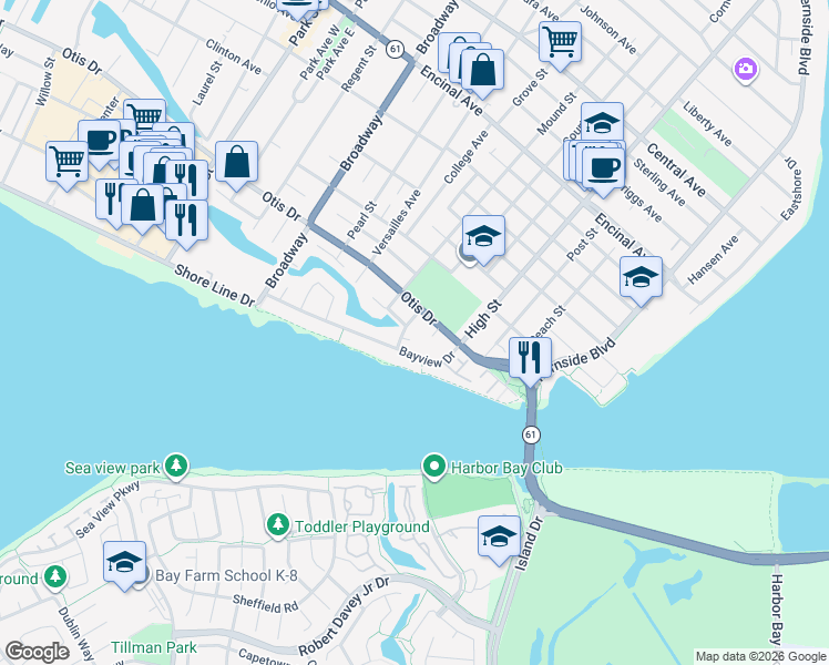 map of restaurants, bars, coffee shops, grocery stores, and more near 310 Court Street in Alameda