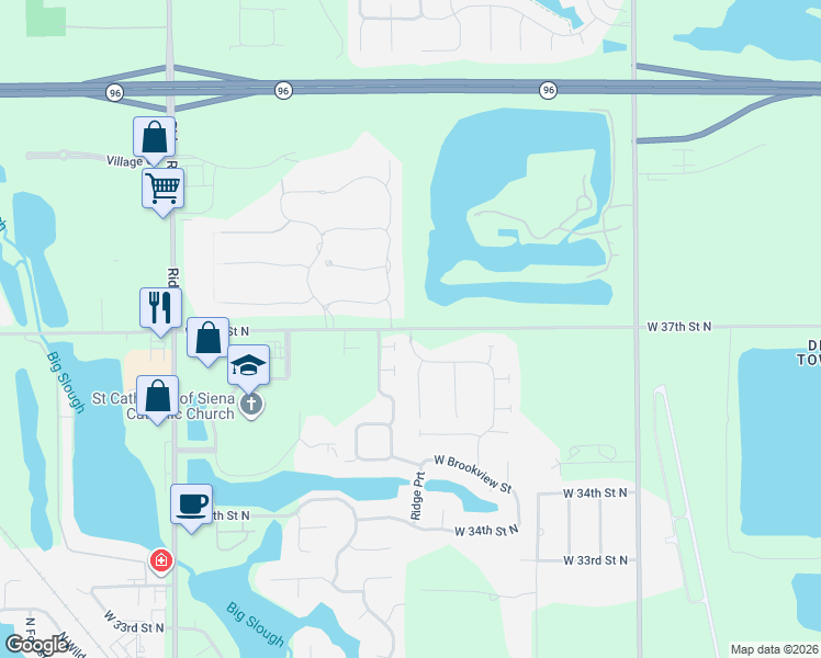 map of restaurants, bars, coffee shops, grocery stores, and more near 6396 West 37th Street North in Wichita
