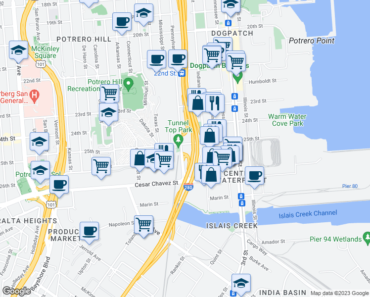 map of restaurants, bars, coffee shops, grocery stores, and more near 1111 Pennsylvania Avenue in San Francisco