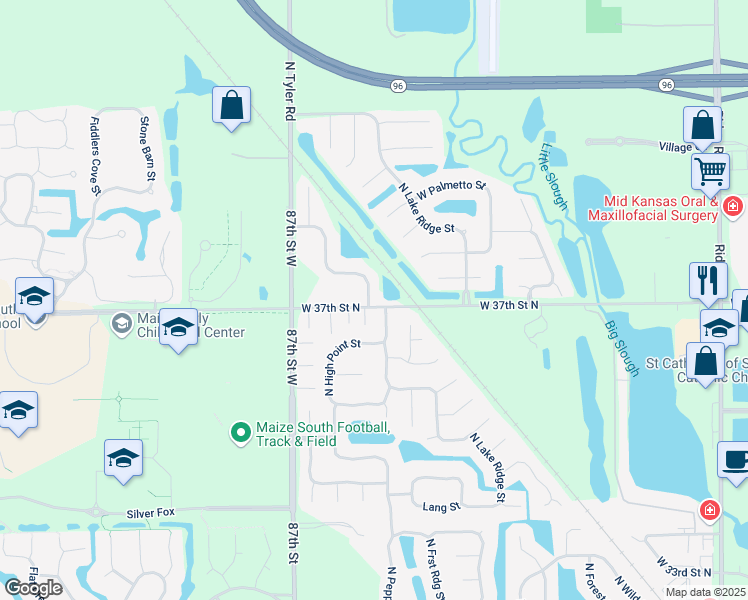 map of restaurants, bars, coffee shops, grocery stores, and more near 3802 Pepper Ridge in Wichita