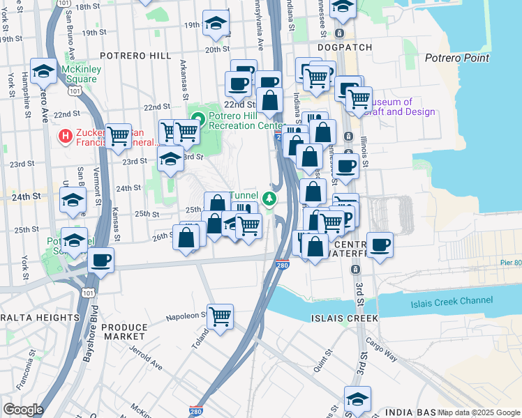 map of restaurants, bars, coffee shops, grocery stores, and more near 1475 25th Street in San Francisco