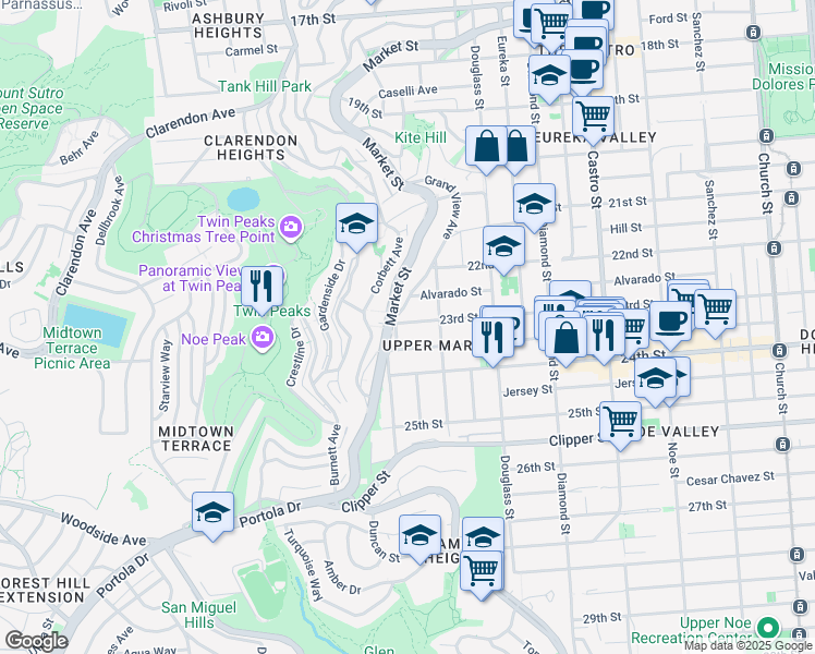 map of restaurants, bars, coffee shops, grocery stores, and more near 970 Elizabeth Street in San Francisco