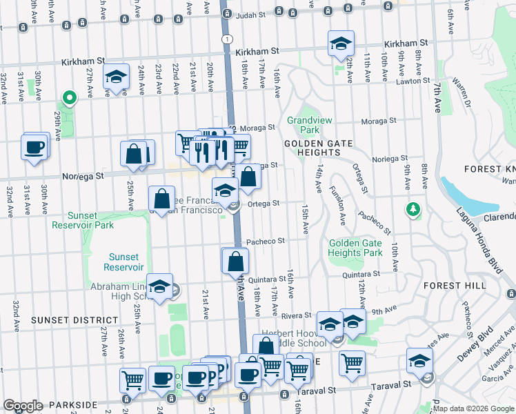 map of restaurants, bars, coffee shops, grocery stores, and more near 1918 18th Avenue in San Francisco