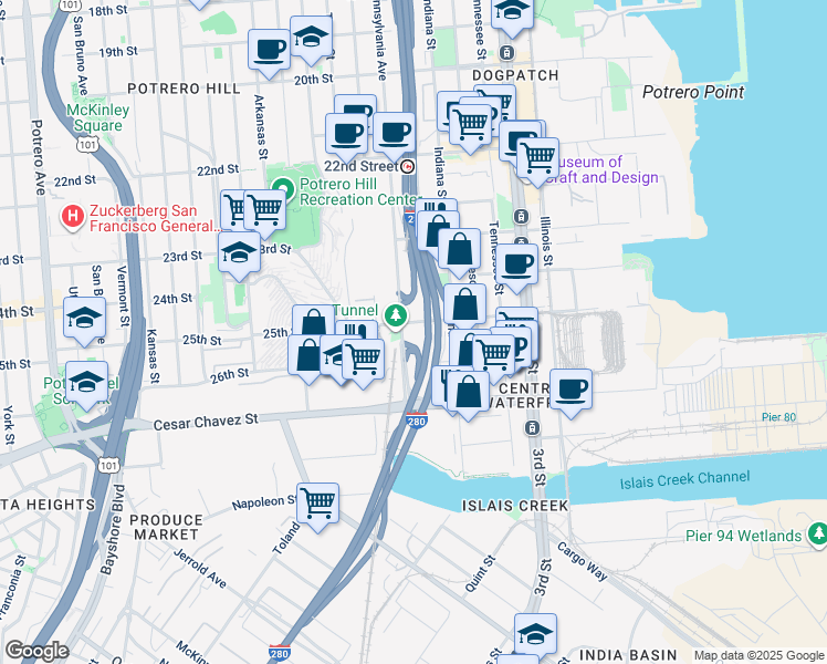 map of restaurants, bars, coffee shops, grocery stores, and more near 1111 Pennsylvania Avenue in San Francisco