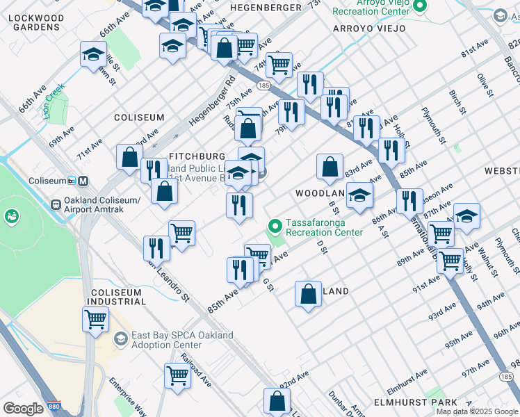 map of restaurants, bars, coffee shops, grocery stores, and more near 996 82nd Avenue in Oakland