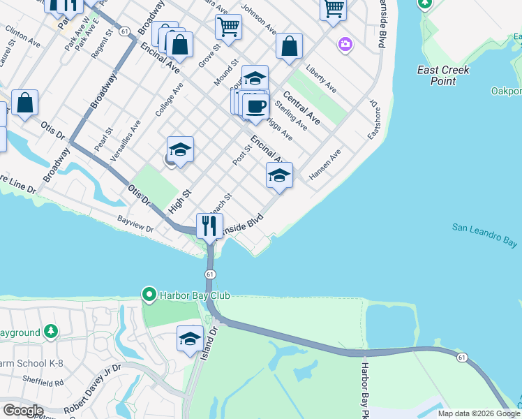 map of restaurants, bars, coffee shops, grocery stores, and more near 3291 Washington Street in Alameda