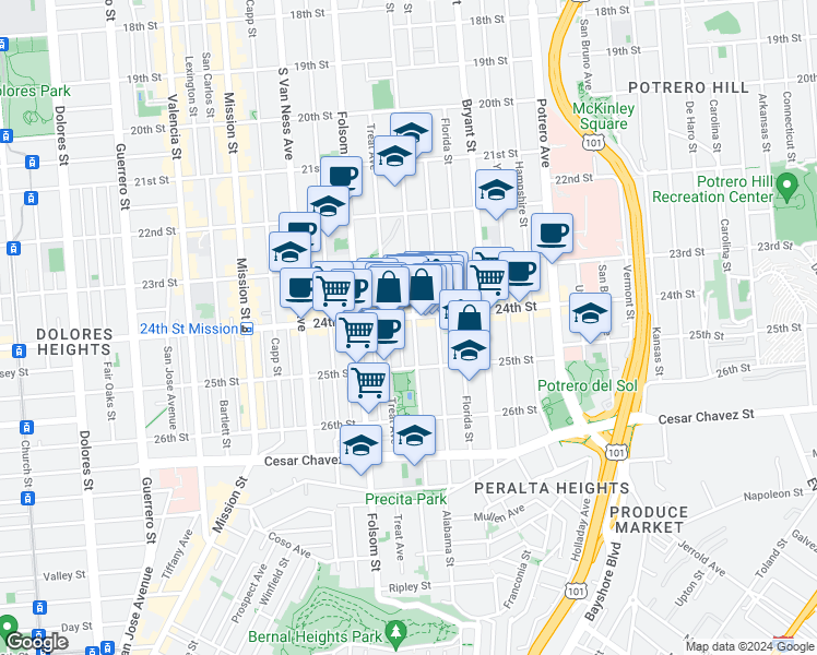 map of restaurants, bars, coffee shops, grocery stores, and more near 2987 24th Street in San Francisco