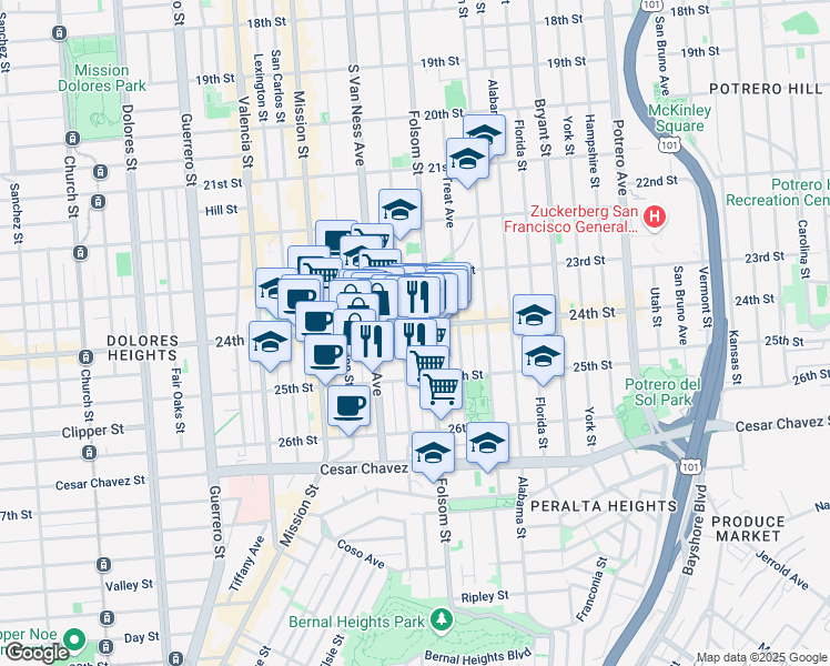 map of restaurants, bars, coffee shops, grocery stores, and more near 3146 24th Street in San Francisco