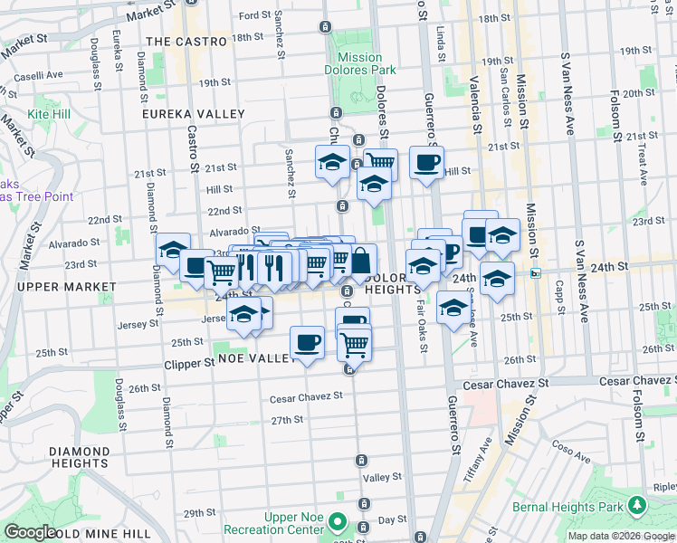 map of restaurants, bars, coffee shops, grocery stores, and more near 3812 24th Street in San Francisco