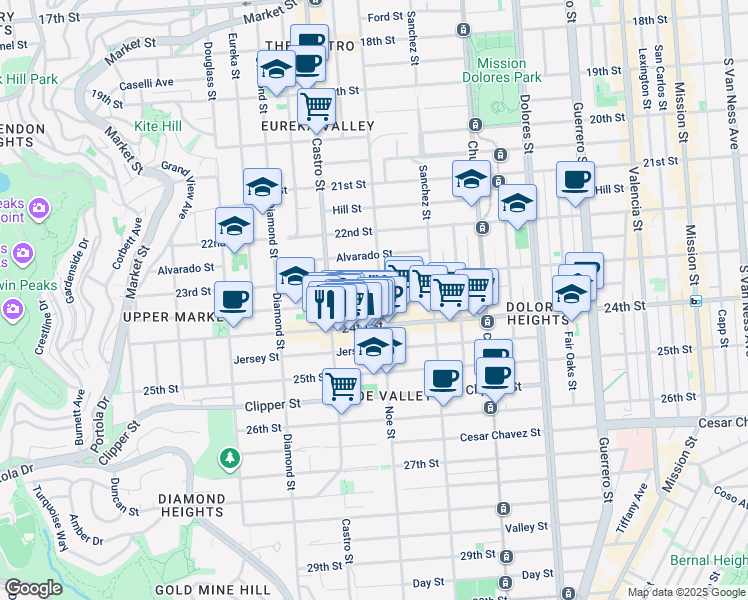 map of restaurants, bars, coffee shops, grocery stores, and more near 541 Elizabeth Street in San Francisco