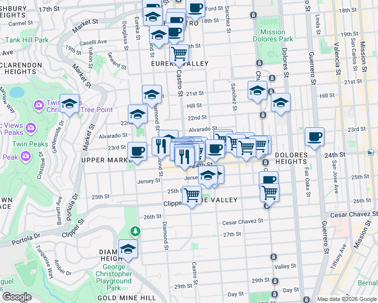 map of restaurants, bars, coffee shops, grocery stores, and more near in San Francisco