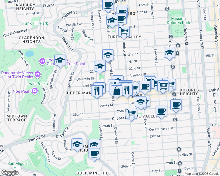 map of restaurants, bars, coffee shops, grocery stores, and more near 748 Elizabeth Street in San Francisco